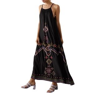 Anthropologie‎ Embroidered Boho Maxi Dress Black Tie Strap Size XSmall